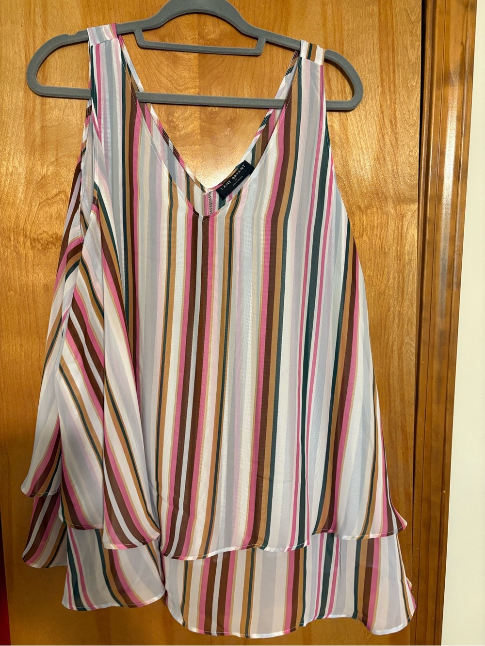 Lane Bryant Pink, White & Brown Striped V-Neck Tank